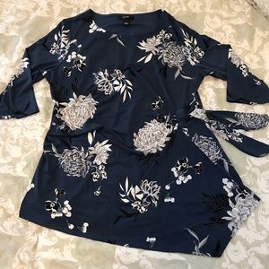 Navy Tunic Silver White Chrysanthemums Side Tie